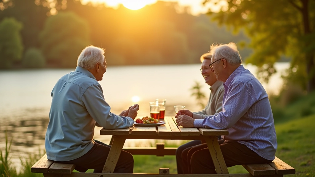 Grupa senioru sēž pie piknika galda Daugavas krastā, saules gaisma, mieru atmosfēra
