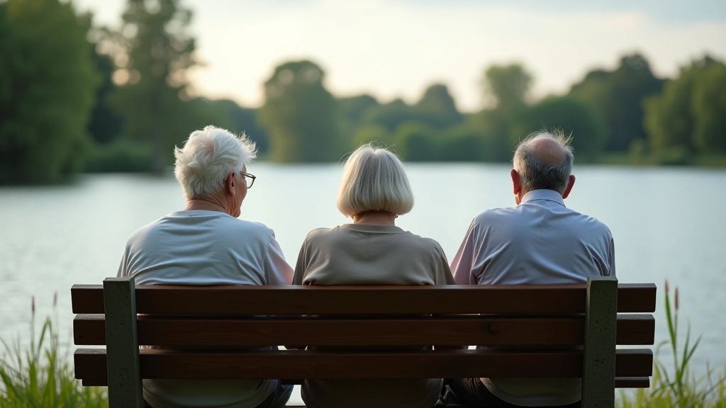 Trīs seniori sēž uz koka soliņa pie ūdens, vērojot putnus un dziedot